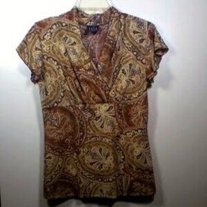 JKLA California Women's Blouse Medium Brown Paisley V Neck Boho Top 90's Y2K